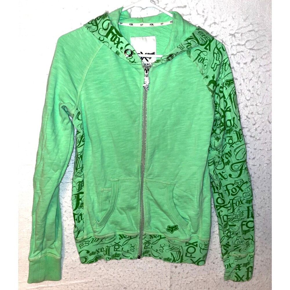 Fox Hoodie Womens sz M Zip Up Sweatshirt Fleece Green Big Logo Pockets Jacket